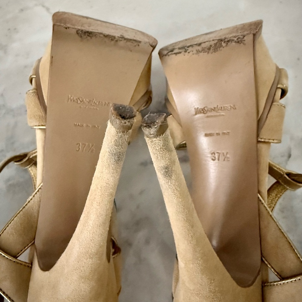 Yves Saint Laurent YSL Tribute Beige Tan Suede Gold Trim Platform Heels 37.5 - Picture 7 of 16